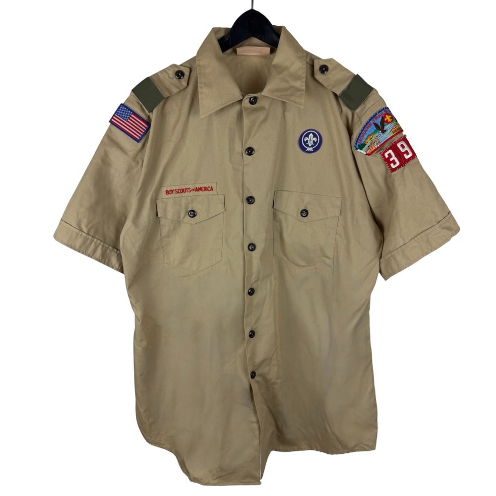 Vintage 90s Boy Scouts of America W/ Patches Button Down Tan Shirt Size L